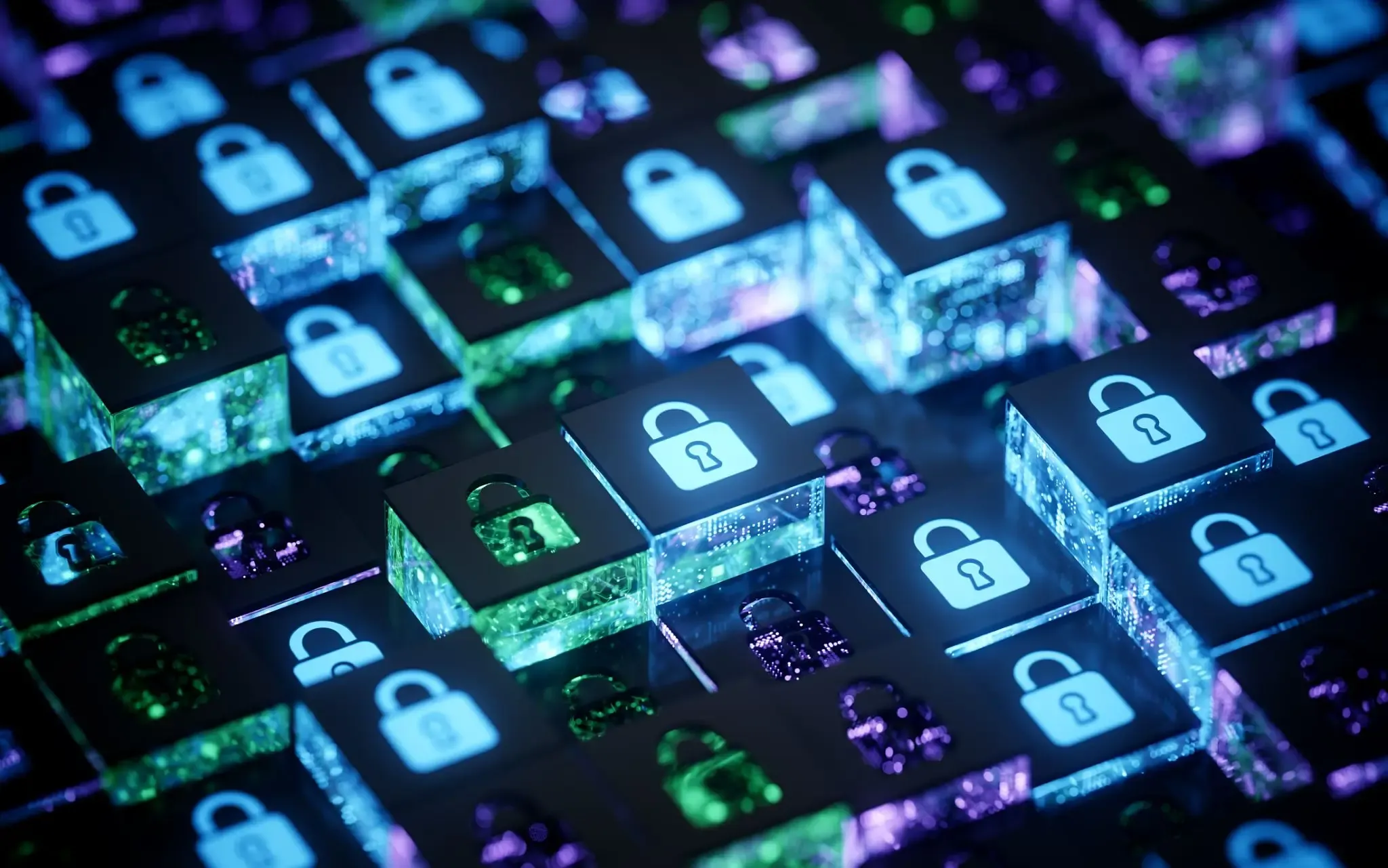 Keyboard keys with illuminated lock and unlock icons symbolizing cybersecurity.