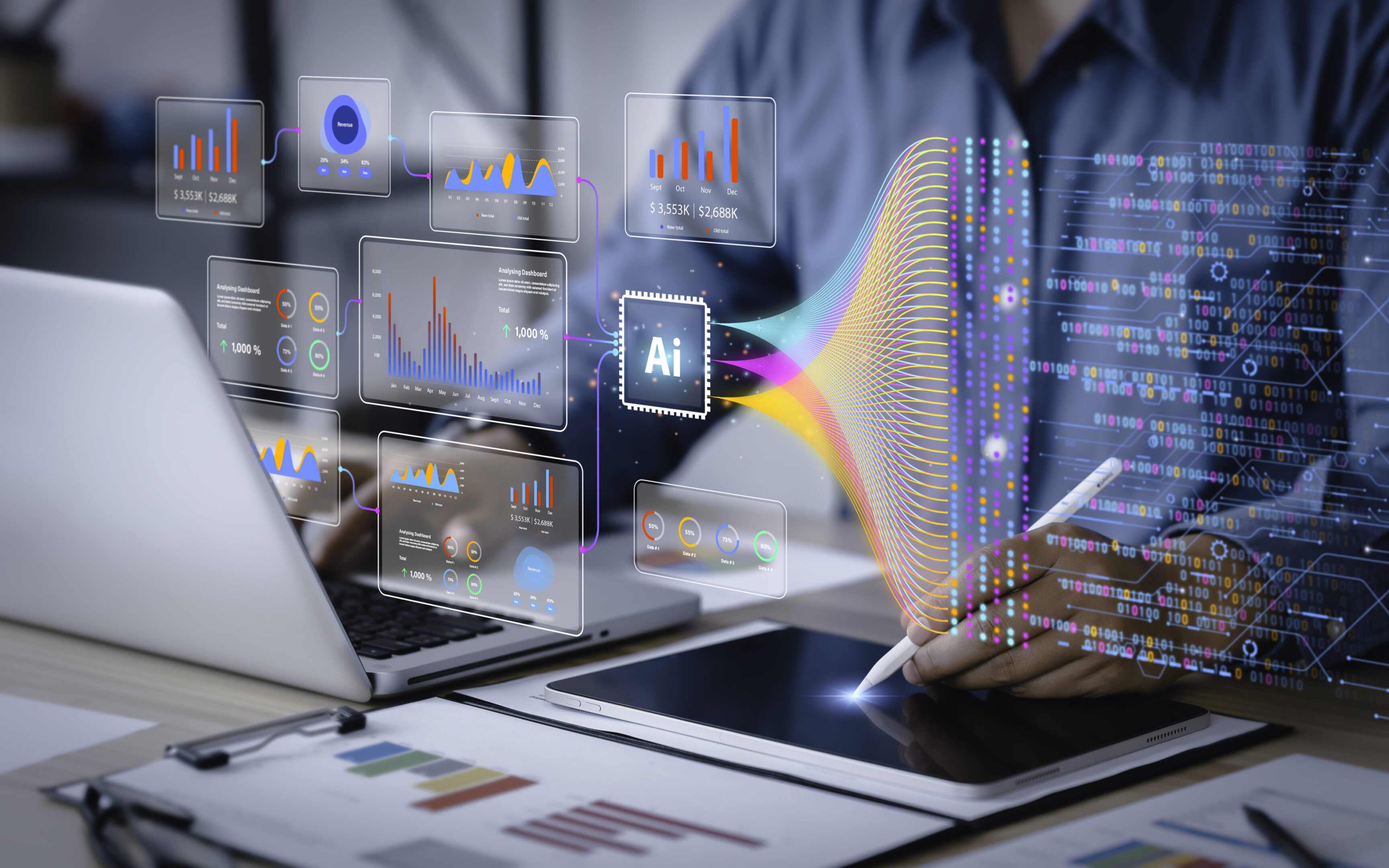 Person working on AI data analysis with digital interface and laptop.