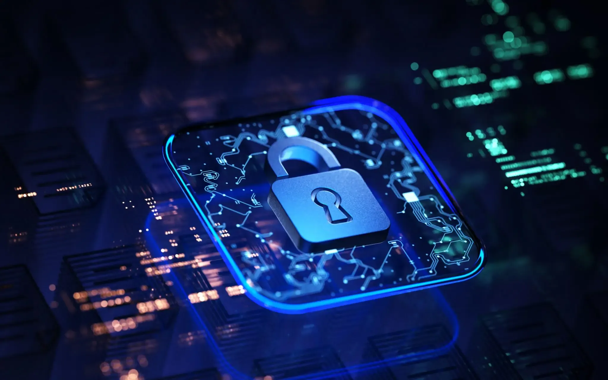 A glowing digital padlock representing cybersecurity on a circuit board.